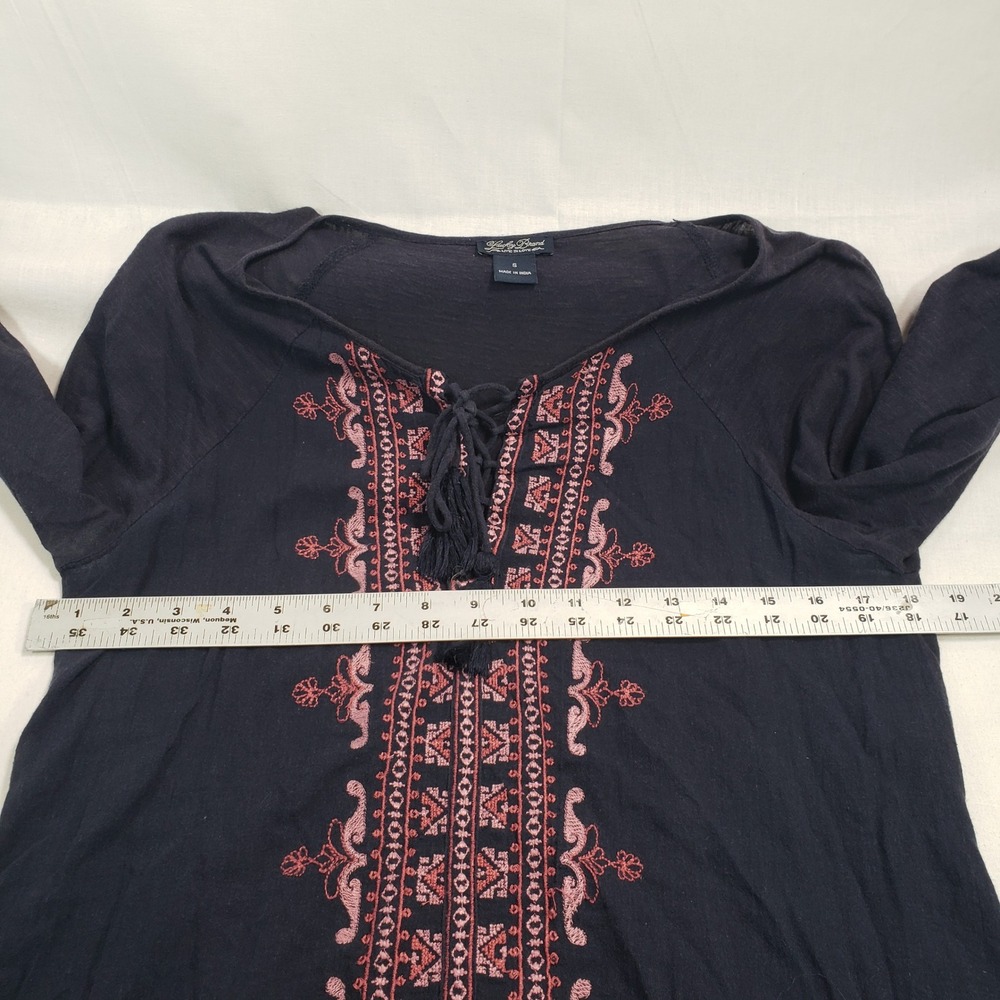 Lucky Brand Womens Embroidered Lace Up Boho Top S Navy Pink - Picture 4 of 6